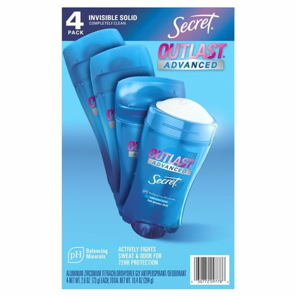 Secret Outlast Advanced Antiperspirant Deodorant 2.6Oz 4-Pack Sweat & Odor Protection For Women Ph Balancing Minerals Invisible Solid Completely Clean