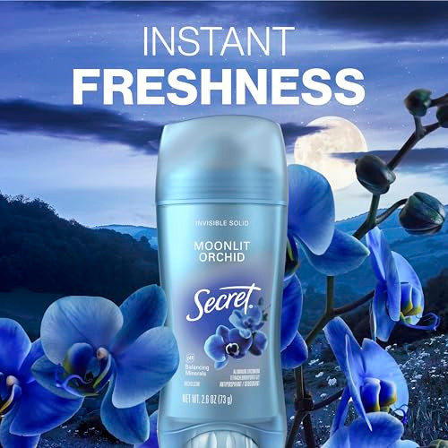 Secret Fresh Antiperspirant Deodorant For Women 72Hr Breathable Sweat & Odor Protection Instant Freshness & Gentle Ph Balancing Minerals Invisible Solid Moonlight Orchid Scent 2.6 Oz