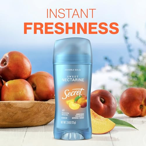 Secret Fresh Antiperspirant Deodorant For Women 72Hr Breathable Sweat & Odor Protection Instant Freshness & Gentle Ph Balancing Minerals Invisible Solid Sweet Nectarine Scent 2.6 Oz