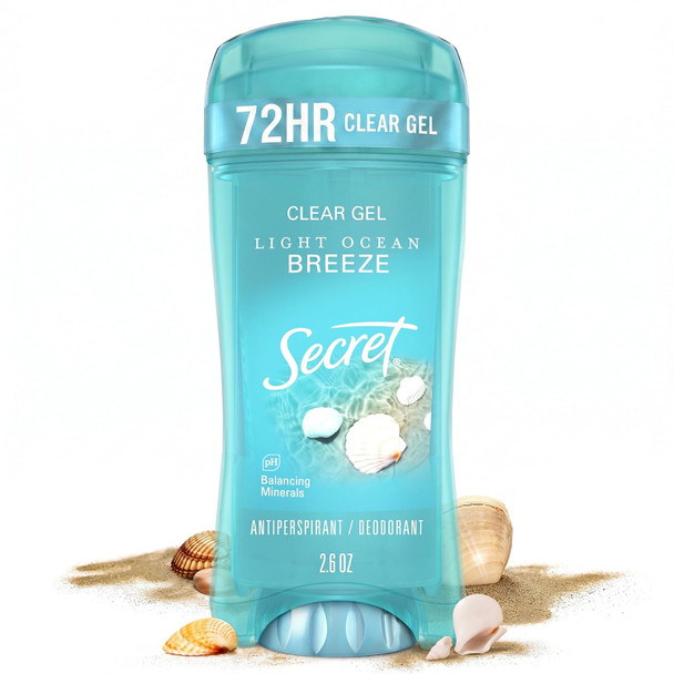Secret Fresh Antiperspirant Deodorant For Women 72Hr Breathable Sweat & Odor Protection Instant Freshness & Gentle Ph Balancing Minerals Clear Gel Light Ocean Breeze Scent 2.6 Oz