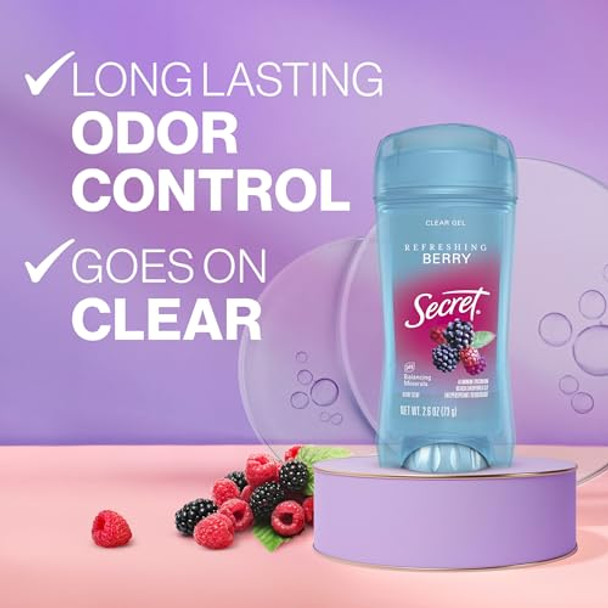 Secret Fresh Antiperspirant Deodorant For Women 72Hr Breathable Sweat & Odor Protection Instant Freshness & Gentle Ph Balancing Minerals Clear Gel Refreshing Berry Scent 2.6 Oz (Pack Of 6)