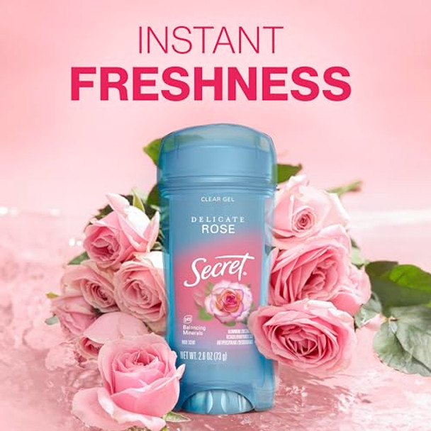 Secret Fresh Antiperspirant Deodorant For Women 72Hr Breathable Sweat & Odor Protection Instant Freshness & Gentle Ph Balancing Minerals Clear Gel Delicate Rose Scent 2.6 Oz