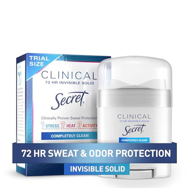 Secret Clinical Strength Antiperspirant Deodorant For Women 3X Stress Protection 72Hr Sweat & Odor Protection Ph Balancing Minerals Invisible Solid Completely Clean Scent 0.5 Oz