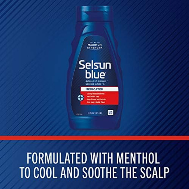 Selsun Blue Medicated Anti-Dandruff Shampoo With Menthol 11 Fl. Oz. Maximum Strength Provides Cooling Soothing Sensation Repairs & Strengthens Damaged Hair.