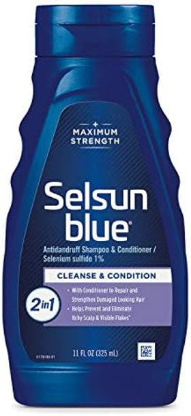 Selsun Blue Medicated Anti-Dandruff Shampoo With Menthol 11 Fl. Oz. Maximum Strength Provides Cooling Soothing Sensation Repairs & Strengthens Damaged Hair.