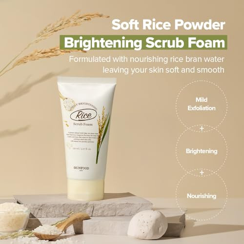 Skin Food Since 1957 Rice Daily Scrub Foam Facial Cleanser With Face Scurb Face Wash Fermented White Rice Bran Water Gentle Exfoliating For Men And Women (150Ml 5.07 Fl. Oz.)