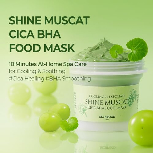 Skin Food Since 1957 Shine Muscat Cica Bha Food Mask – Soothing & Cooling Wash-Off Face Mask With Real Shine Muscat Cica And Bha – Exfoliating Pore-Clearing Vegan Korean Skincare 180G