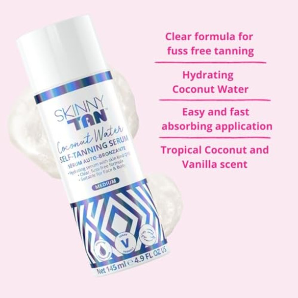 Skinny Tan Coconut Water Self Tanning Serum - Colorless No Transfer Clear Self Tanner With Vanilla Scent - Blends Easily And Hydrates Skin - Non Sticky And Fast Absorbing - Medium Self Tan - 4.9 Oz