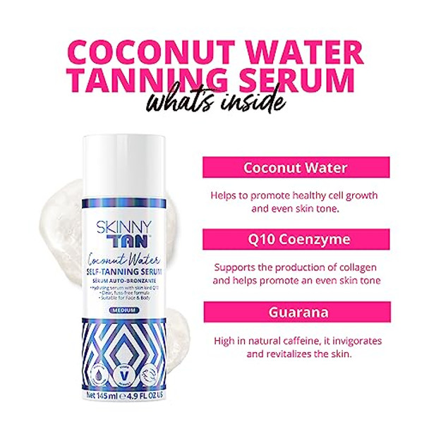 Skinny Tan Coconut Water Self Tanning Serum - Colorless No Transfer Clear Self Tanner With Vanilla Scent - Blends Easily And Hydrates Skin - Non Sticky And Fast Absorbing - Medium Self Tan - 4.9 Oz