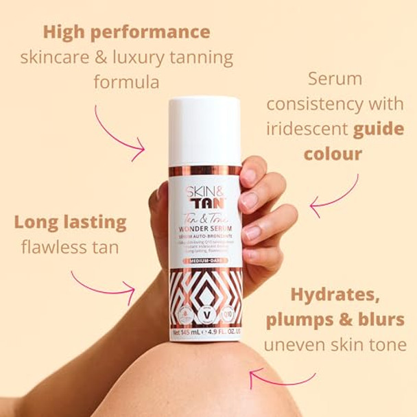 Skinny Tan Wonder Serum - Iridescent Guide Color - Develops In 6 To 8 Hours - Enrich With Aloe Vera And Vitamin E - Blurs Redness And Imperfections - Ideal For Dry Skin - Medium-Dark - 4.9 Oz Bronzer