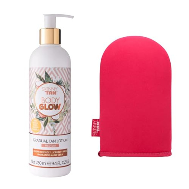 Skinny Tan Body Glow Moisturising Gradual Tan Lotion - Fake Tan Moisturiser Coconut & Vanilla Aroma 280Ml + Luxury Tanning Mitt Applicator