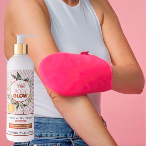 Skinny Tan Body Glow Moisturising Gradual Tan Lotion - Fake Tan Moisturiser Coconut & Vanilla Aroma 280Ml + Luxury Tanning Mitt Applicator