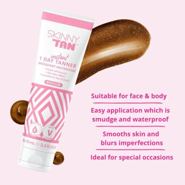Skinny Tan 1 Day Instant Tanner - Self Tanning Lotion For Face And Body - Skin-Perfecting Coverage With Delicious Scent - Easy Rinse - Medium - 3.3 Oz