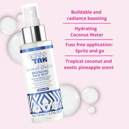 Skinny Tan Coconut Water Self Tanning Face Mist Spray - Gradual Self Tanner Enriched With Hyaluronic Acid And Vitamin C - Delicious Tropical Coconut And Pineapple Scent - Medium Self Tan - 3.5 Oz