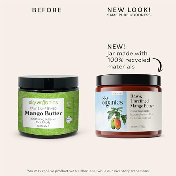 Sky Organics Mango Butter For Body & Face 100% Raw And Unrefined Nourishing Butter For Light Daily Hydration And Promotes Soft Smooth Heathy-Looking Skin Suitable For Normal To Dry Skin 16 Oz