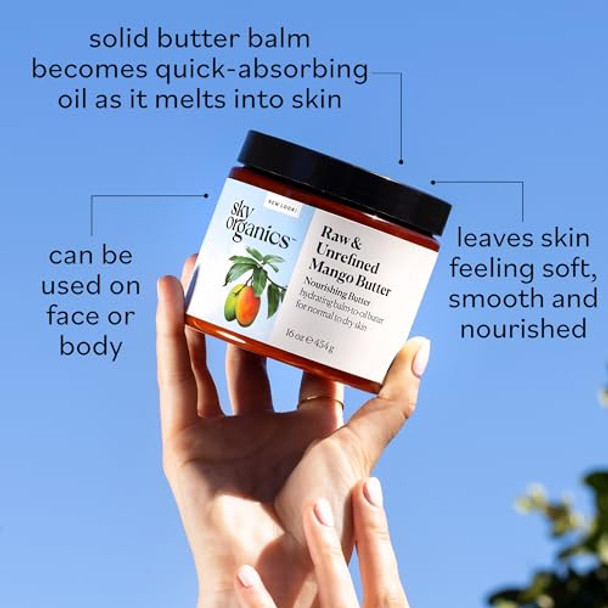 Sky Organics Mango Butter For Body & Face 100% Raw And Unrefined Nourishing Butter For Light Daily Hydration And Promotes Soft Smooth Heathy-Looking Skin Suitable For Normal To Dry Skin 16 Oz