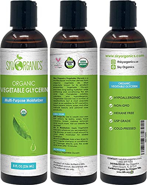 Sky Organics Vegetable Glycerin By Sky Organics - Non-Gmo Kosher Usp Grade Hypoallergenic Cold-Pressed - Benefits Hair & Skin - Excellent Emollient- Ideal Soap Base Moisturizer And Diy- 8Oz (2 Pack)