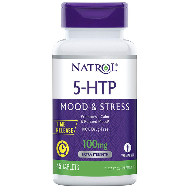 Natrol 5-HTP Time Release Tablets, Promotes a Calm Relaxed Mood, Helps Maintain a Positive Outlook, Enables Production of Serotonin, Drug-Free, Controlled Release, Maximum Strength, 100mg, 45 Count