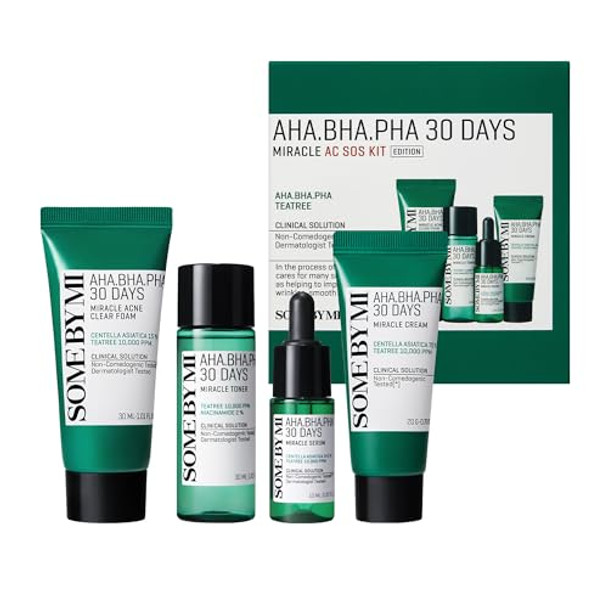 Some By Mi Aha Bha Pha 30Days Miracle Ac Sos Kit - Toner 1.01Oz Serum 0.33Oz Cream 0.7Oz Foam 1.01Oz - Mild Exfoliating Daily Skin Care Set - Skin Wastes Sebum Oiliness Care - Korean Skin Care