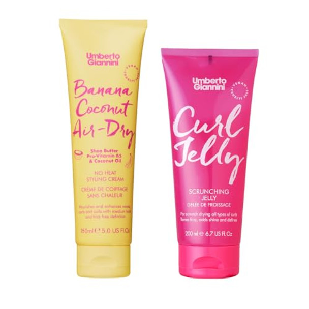 Umberto Giannini Curl Type 2 Styling Duo Banana Coconut Air-Dry Cream (5Fl. Oz) & Curl Jelly Scrunching Jelly (6.7Fl. Oz) Hydrate And Define Wavy Hair