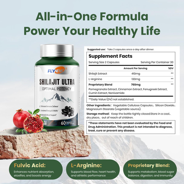 Shilajit for Men Women Shilajit with Naturally Fulvic Acid  and  L-Arginine Himalayan Shilajits for Extra Power Stamina and Immune Support Non-GMO Made in USA 60 Capsules, 1,300mg Per Serving