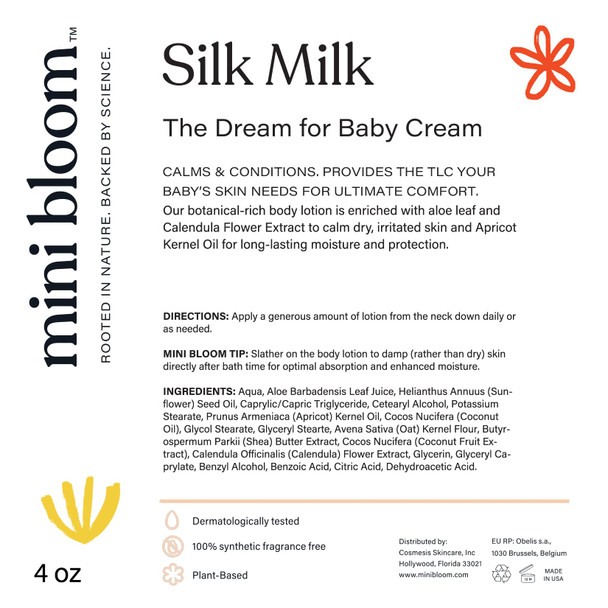 Baby Moisturizing Cream Silk Milk Organic and Hypoallergenic with Apricot Kernel Oil Aloe Leaf and Calendula Flower Extract - 4 oz.
