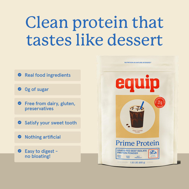 Equip Foods Prime Protein Powder  Clean Grass Fed Beef Protein Isolate  Carnivore Protein Powder  Paleo Keto Friendly  Gluten Dairy Free  Helps Build  and  Repair Tissue  30 Servings Iced Coffee