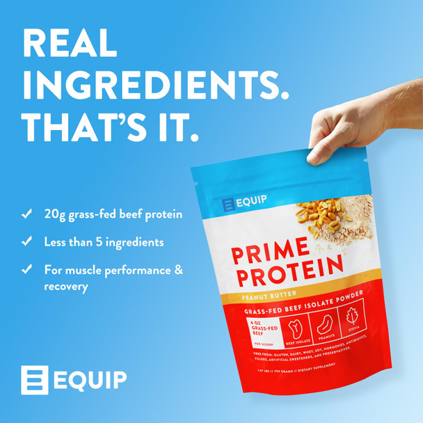 Equip Foods Prime Protein Powder | Clean Grass Fed Beef Protein Isolate | Carnivore Protein Powder | Paleo Keto Friendly | Gluten Dairy Free | 30 Servings Peanut Butter