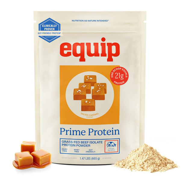 Equip Foods Prime Protein Powder | Clean Grass Fed Beef Protein Isolate | Carnivore Protein Powder | Paleo Keto Friendly | Gluten Dairy Free | 30 Servings Salted Caramel