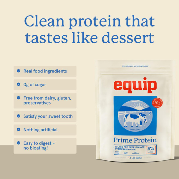 Equip Foods Prime Protein Powder | Clean Grass Fed Beef Protein Isolate | Carnivore Protein Powder | Paleo Keto Friendly | Gluten Dairy Free | Helps Build & Repair Tissue | 30 Servings Unflavored