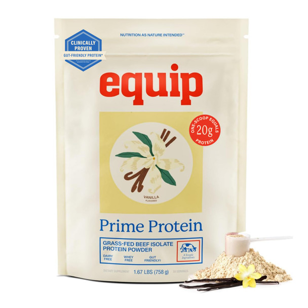 Equip Foods Prime Protein Powder  Clean Grass Fed Beef Protein Isolate  Carnivore Protein Powder  Paleo Keto Friendly  Gluten Dairy Free  Helps Build and  Repair Tissue  30 Servings Vanilla
