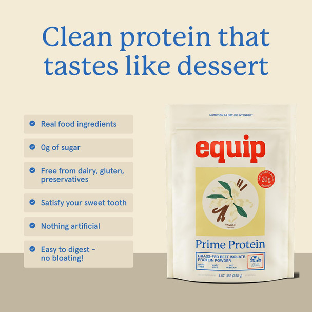 Equip Foods Prime Protein Powder  Clean Grass Fed Beef Protein Isolate  Carnivore Protein Powder  Paleo Keto Friendly  Gluten Dairy Free  Helps Build and  Repair Tissue  30 Servings Vanilla