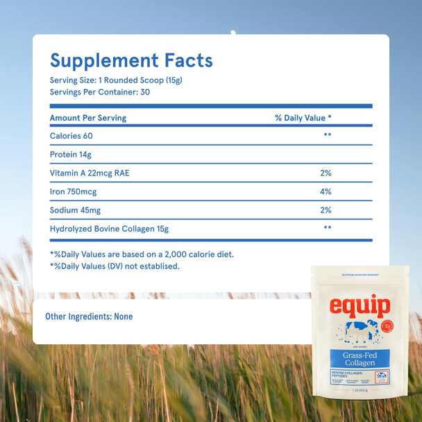 Equip Foods Grass Fed Collagen Powder | Hydrolyzed Bovine Collagen Peptides with Amino Acids | Prime Beef Collagen for Healthy Joints Skin & Nails | Non-GMO Paleo Friendly | 30 Servings Unflavored