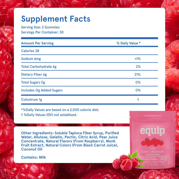 Equip Foods Core Bovine Colostrum Gummies - Delicious 1g Per Seving Grass Fed Colostrum Supplement - Gut Health Immunity Recovery Hair & Skin - 60 Bovine Colostrum Gummies 30 Servings Raspberry