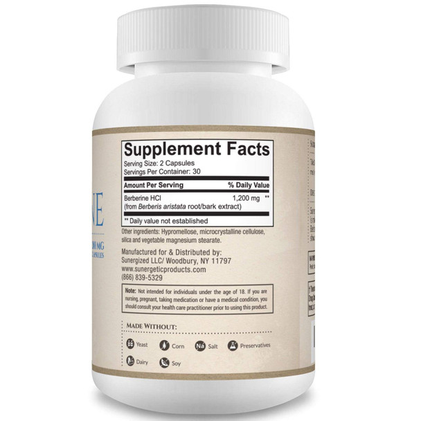 Sunergetic Premium Berberine Supplement - 1200mg of Berberine Per Serving - Berberine HCL Supplement Non-GMO - Immune Support- 60 Berberine Capsules