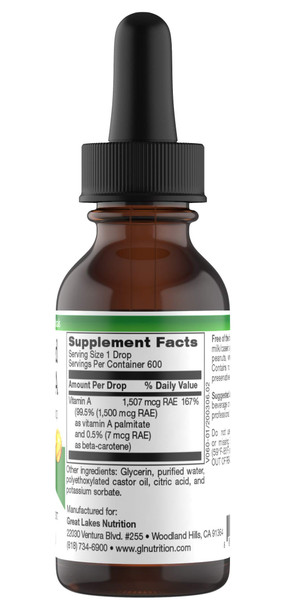 Great Lakes Nutrition Micellized Vitamin A Drops | Liquid Vitamin A Supplement for Men & Women | Premium Liquid Palmitate & Beta Carotene Drops - 1507mcg RAE - Equivalent to 5025IU per Drop | 1 Oz