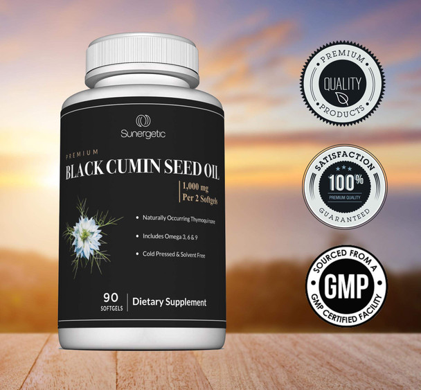 Sunergetic Premium Black Cumin Seed Oil Softgels – 1,000mg of Black Seed Oil Per Serving – Non GMO Cold Pressed Nigella Sativa – Includes Thymoquinone & Omega’s - 90 Softgels