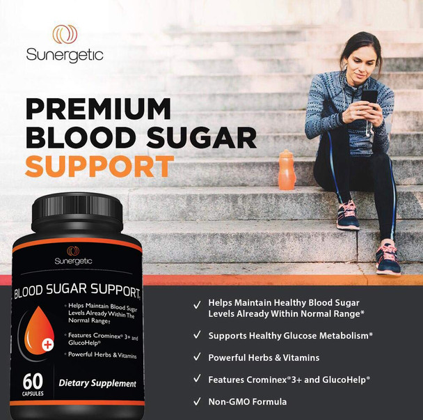 Sunergetic Premium Blood Sugar Support Supplement–Supports Healthy Blood Sugar Levels Already Within Normal Range – Includes Bitter Melon Extract Vanadium Chromium Cinnamon & Alpha Lipoic Acid-60 Capsules
