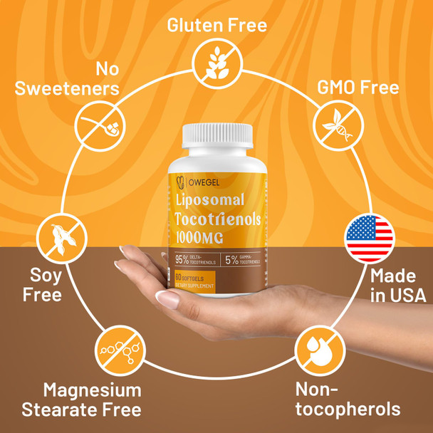 owegel Liposomal Vitamin E Tocotrienols 1000mg - High Potency Tocotrienol Supplements95% Delta & 5% Gamma Tocotrienols Capsules