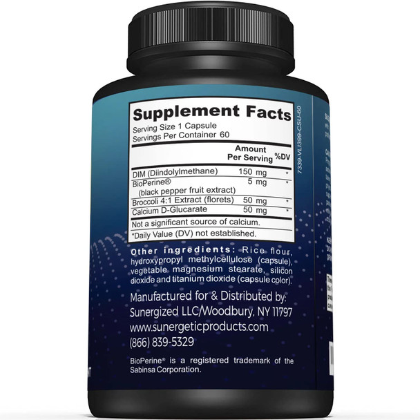 Sunergetic Premium DIM Supplement – 150mg diindolylmethane Broccoli Calcium D-Glucarate & Bioperine for Men & Women – DIM Complex for Menopause Support & Balance - 60 Capsules Sunergetic Premium DIM Supplement – 150mg diindolylmethane Broccoli Calcium D-Glucarate & Bioperine for Men & Women – DIM Complex for Menopause Support & Balance - 60 Capsules