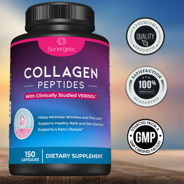 Sunergetic Premium Collagen Peptides Capsules – 2500 mg of VERISOL Collagen Peptides Type 1 & Type 3 – Multi Collagen Supplement to Support Joint Health Hair Skin & Nails – 150 Collagen Capsules