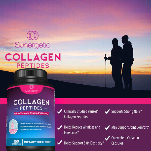 Sunergetic Premium Collagen Peptides Capsules – 2500 mg of VERISOL Collagen Peptides Type 1 & Type 3 – Multi Collagen Supplement to Support Joint Health Hair Skin & Nails – 150 Collagen Capsules