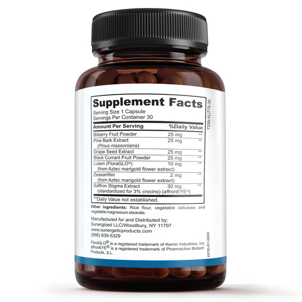 Sunergetic Premium Eye Pressure Support Supplement - Eye Pressure Supplement with Saffron Lutein Zeaxanthin Bilberry & Pine Bark - Supports Ocular Health & Overall Vision - 30 Count