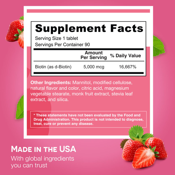 EZ Melts Dissolvable Biotin 5000 mcg Hair Skin & Nail Support Sugar-Free 3-Month Supply