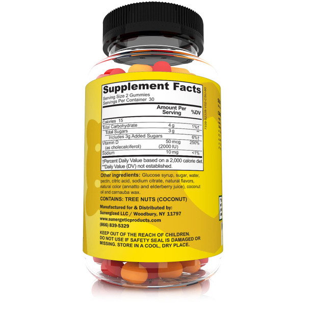 Sunergetic Premium Vitamin D3 Gummies – Powerful Vitamin D Gummies to Support Healthy Bones Mood & Immune System – 2000 IU of Vitamin D3 per Serving – 60 D3 Gummies