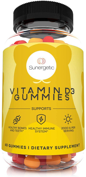Sunergetic Premium Vitamin D3 Gummies – Powerful Vitamin D Gummies to Support Healthy Bones Mood & Immune System – 2000 IU of Vitamin D3 per Serving – 60 D3 Gummies