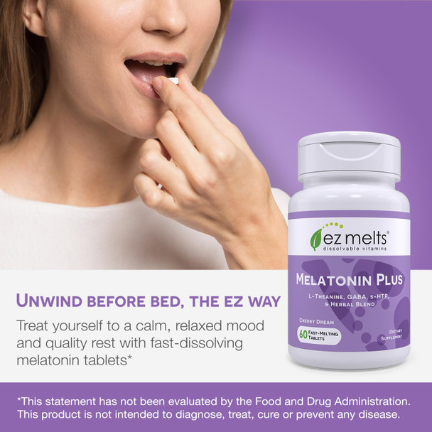 EZ Melts Dissolvable Melatonin Plus Sugar-Free Sleep Support with Melatonin 5mg L-Theanine GABA 5-HTP and Herbal Blend 60-Day Supply