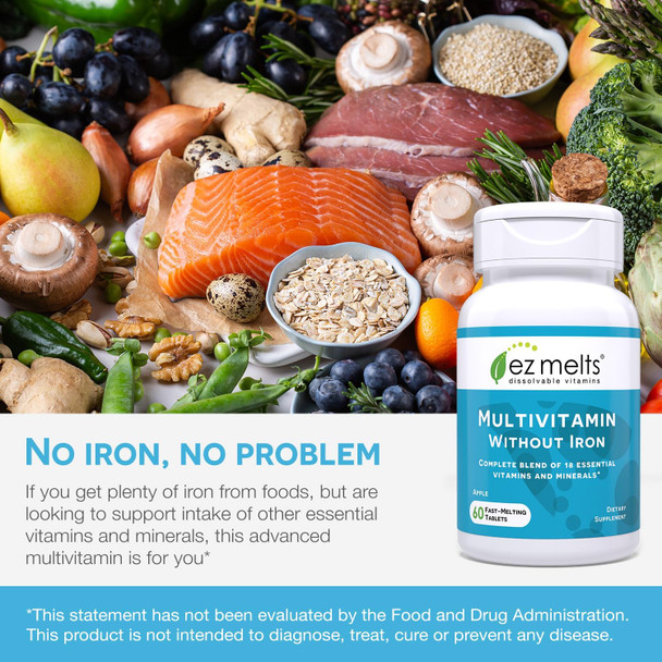 EZ Melts Dissolvable Multivitamin Without Iron 18 Vitamins & Minerals Including Vitamin A Biotin Vitamin B12 Vitamin C Vitamin D3 Zinc and More Sugar-Free 1-Month Supply
