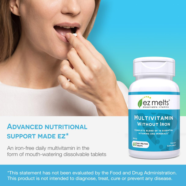 EZ Melts Dissolvable Multivitamin Without Iron 18 Vitamins & Minerals Including Vitamin A Biotin Vitamin B12 Vitamin C Vitamin D3 Zinc and More Sugar-Free 1-Month Supply