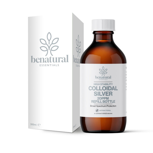 Benatural Essentials Colloidal Silver 300ml Bottle | Premium Quality 20PPM Silver | High PH | Manufactured in The UK | New Packaging